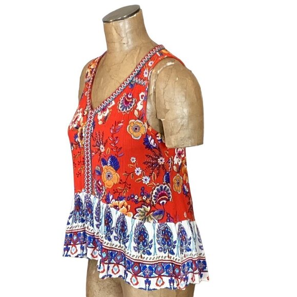 Patrons of Peace BOHO Sleeveless Ruffle Hem Peplum Mixed Floral Top S Red #35M - Picture 5 of 9
